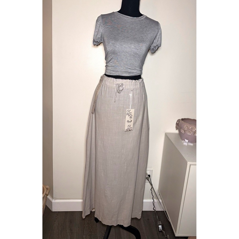 New! Thrill Women's Gray Linen Maxi Skirt Size Small Elastic Waist Drawstring
